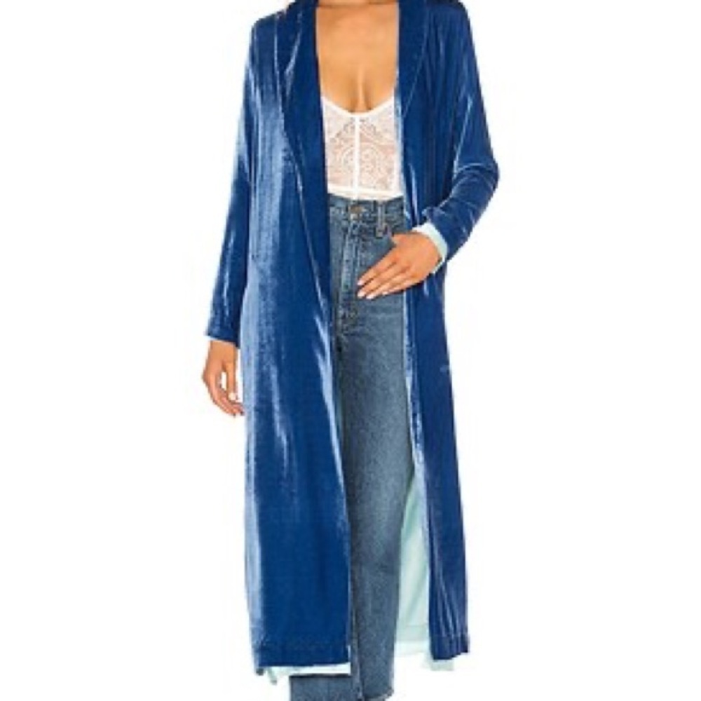For Love & Lemons Long Velvet Duster Coat in Royal Blue